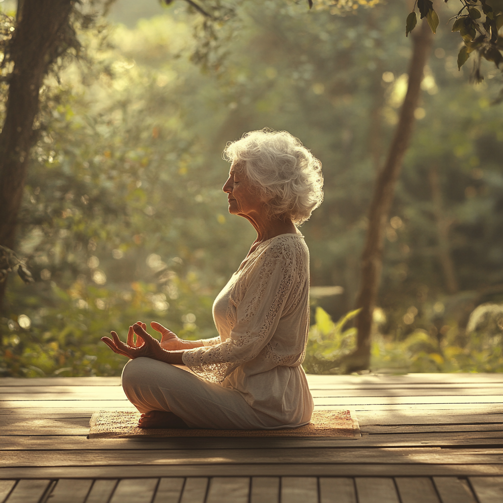 Старша жінка практикує йогу на природі